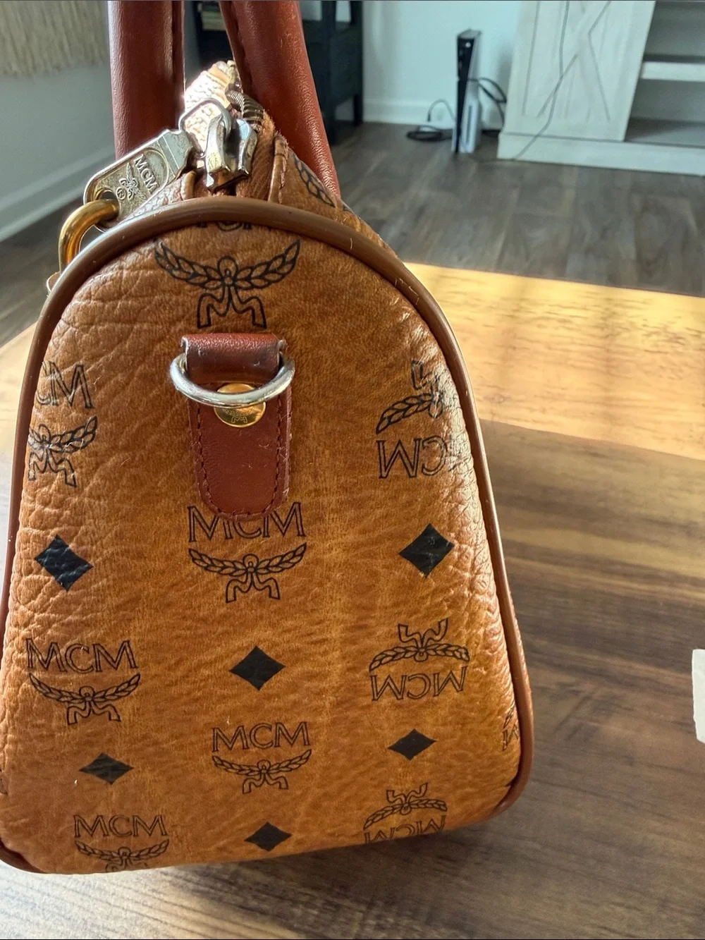 MCM Cognac Visetos Logo Satchel with Gold Hardware